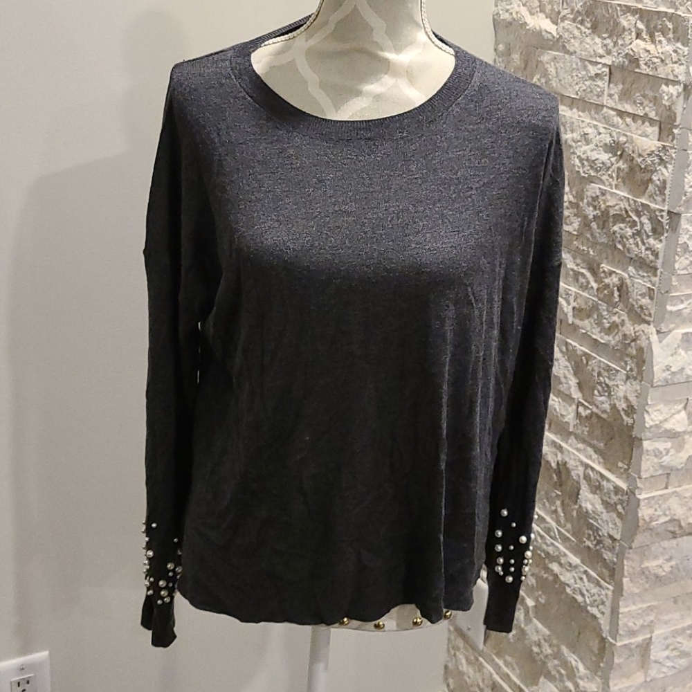 Zara Knit Faux Pearl Sleeve Long Sleeve Sweater